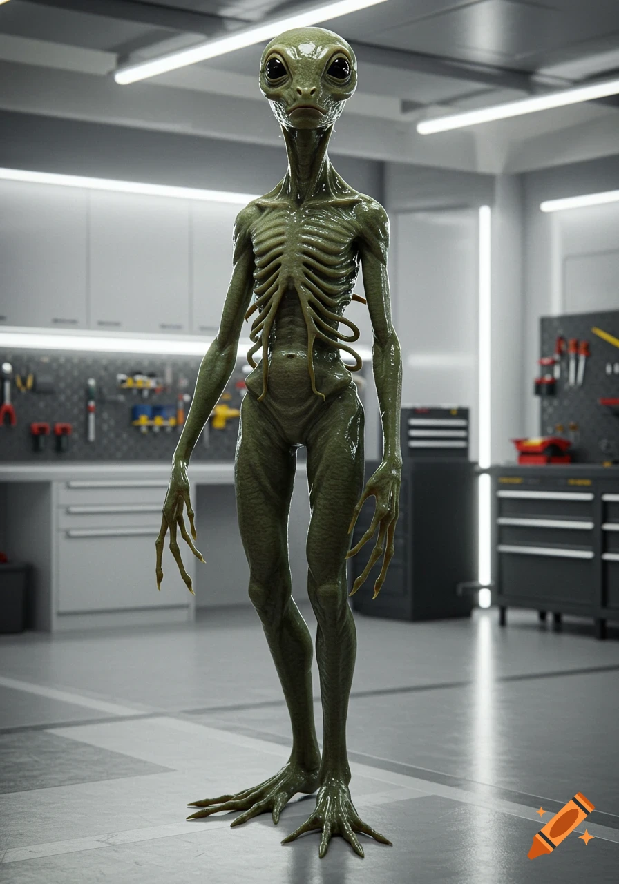 Highly realistic, slick-skinned green alien with prominent ribs and long limbs standing in a modern, well-lit garage.