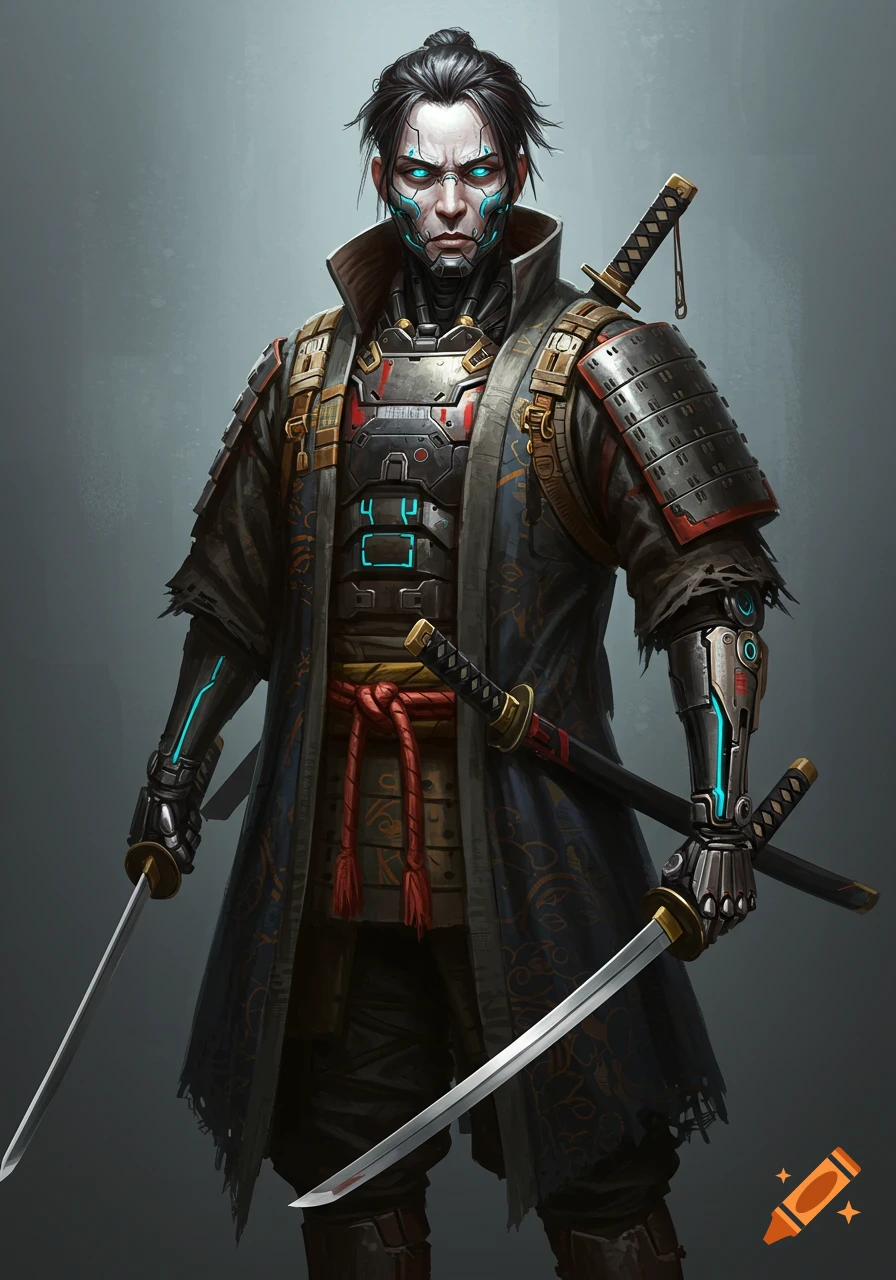 A cyberpunk samurai with a topknot, glowing blue eyes, and cybernetic implants wears traditional armor and a tattered kimono, wielding two katanas.