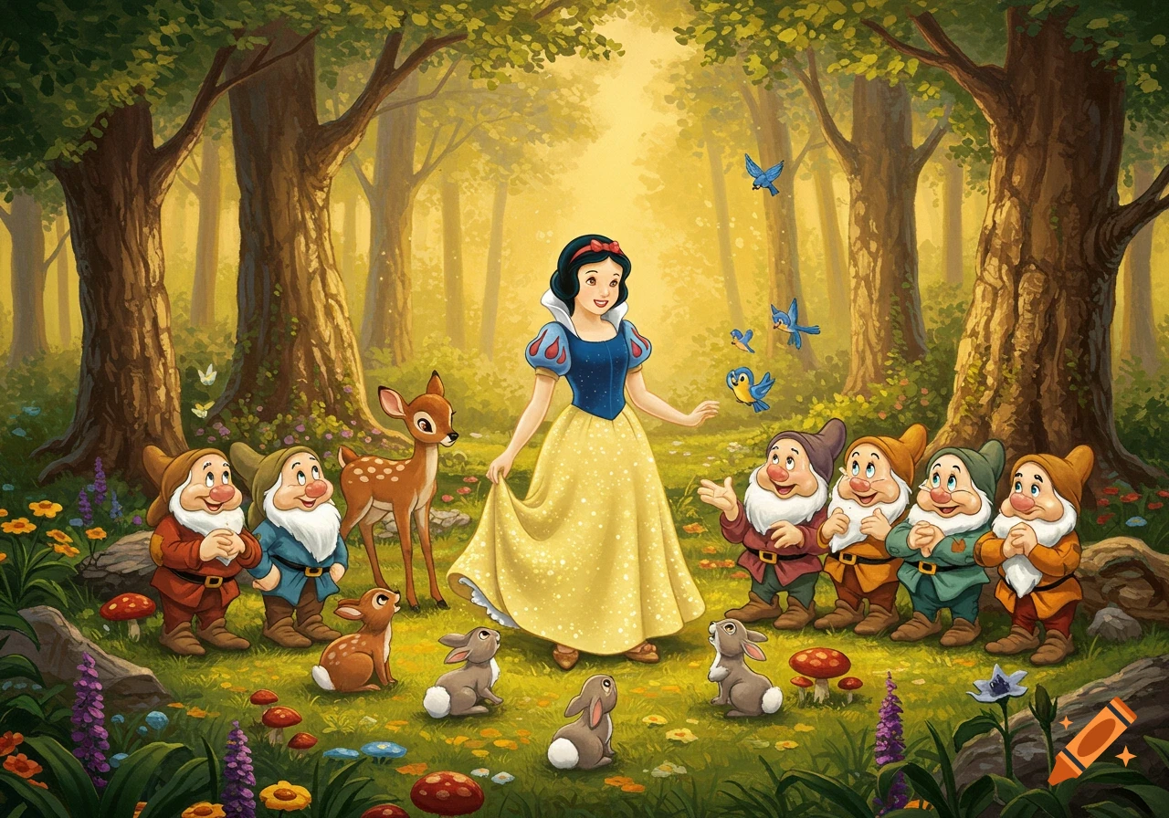 Snow White, the seven dwarfs, deer, rabbits, and birds in a vibrant fairy tale forest clearing.