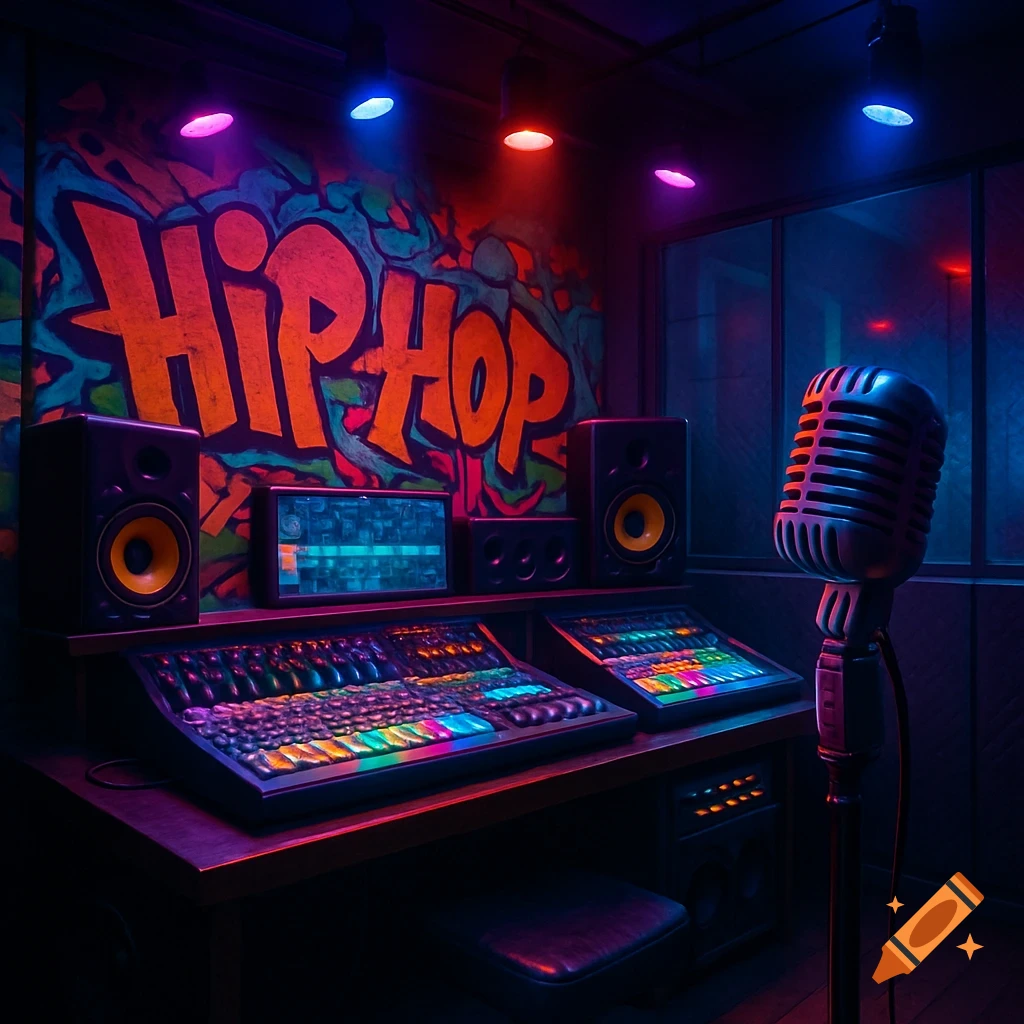 A dark, neon-lit hip hop music studio with colorful mixing boards, speakers, a microphone, and "HIP HOP" graffiti.