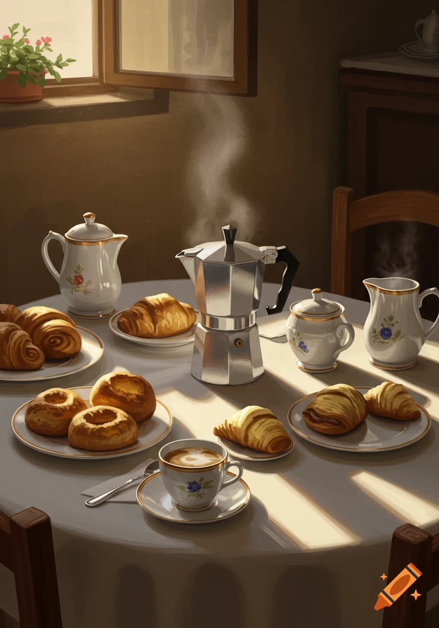 A sunlit table laden with a steaming moka pot, coffee cups, croissants, and various pastries, in an illustrative style.