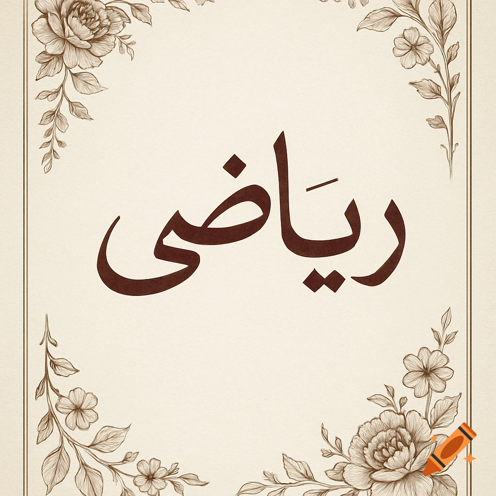 A beige page with elegant brown Arabic calligraphy for 'رياضی' (mathematics) centrally placed, surrounded by delicate floral line art in the corners.