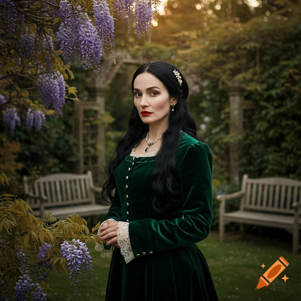 Elegant woman with dark hair in an emerald green velvet dress, adorned with pearls, standing in a lush garden with purple wisteria.
