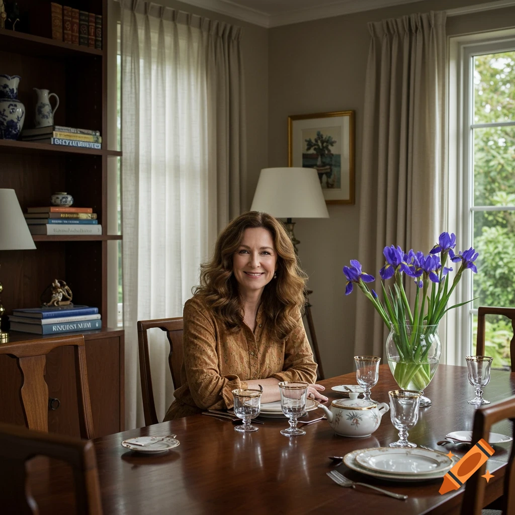 A smiling woman in a brown shirt sits at a set dining table with purple irises, a bookshelf, and a window in the background.