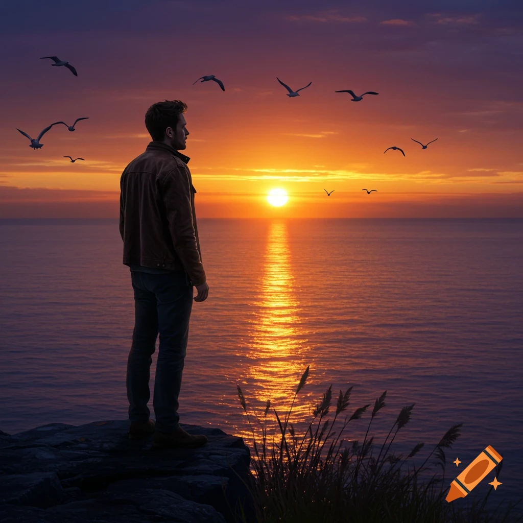 A man stands on a cliff overlooking a vibrant orange and purple sunset over the ocean, with birds flying.