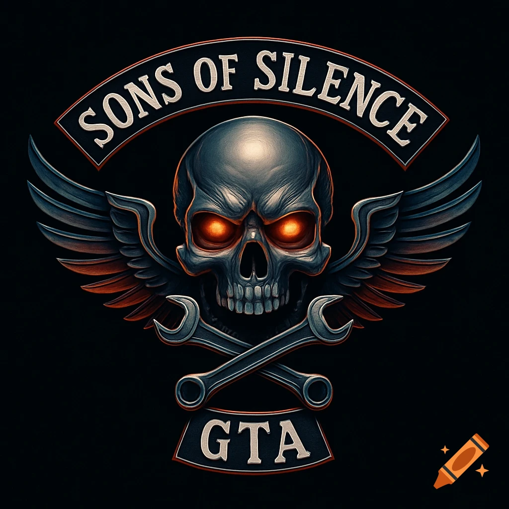 Stylized logo featuring a grey skull with glowing red eyes, dark wings, and crossed wrenches, with 'SONS OF SILENCE' and 'GTA' text.