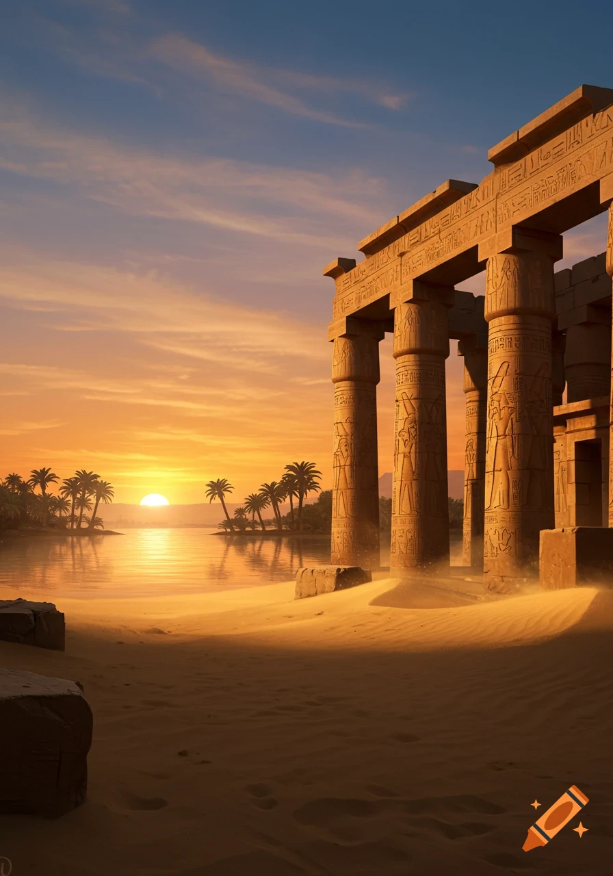 Photorealistic ancient Egyptian temple with tall columns carved with hieroglyphs at sunset by a river with palm trees.