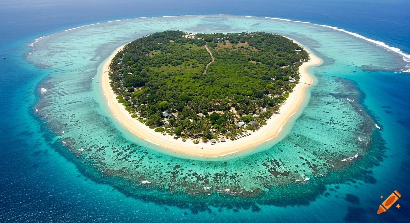 Aerial view of a heart-shaped tropical island with white sand beaches, lush green foliage, and clear turquoise ocean with visible coral reefs.