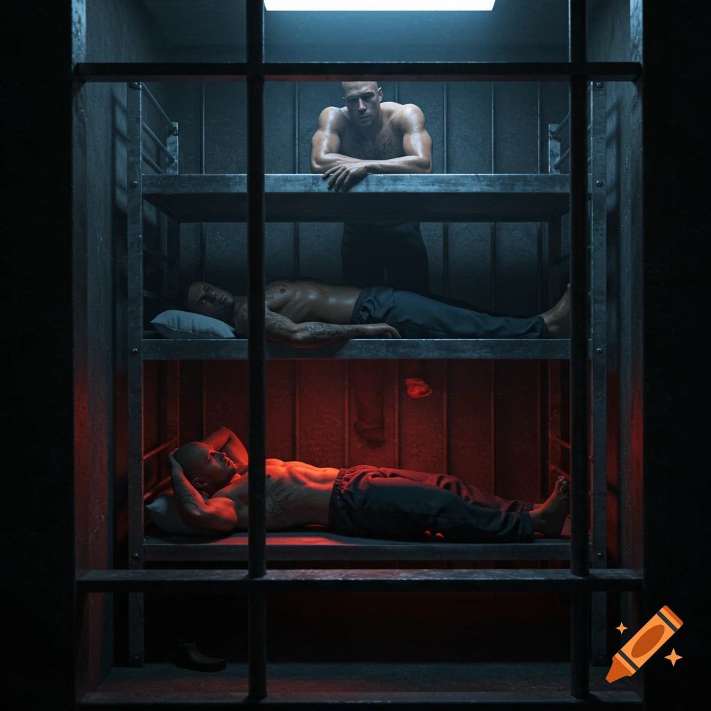 Muscular, shirtless, tattooed men in a dark, bunk-bedded prison cell with blue and red light, seen through bars.