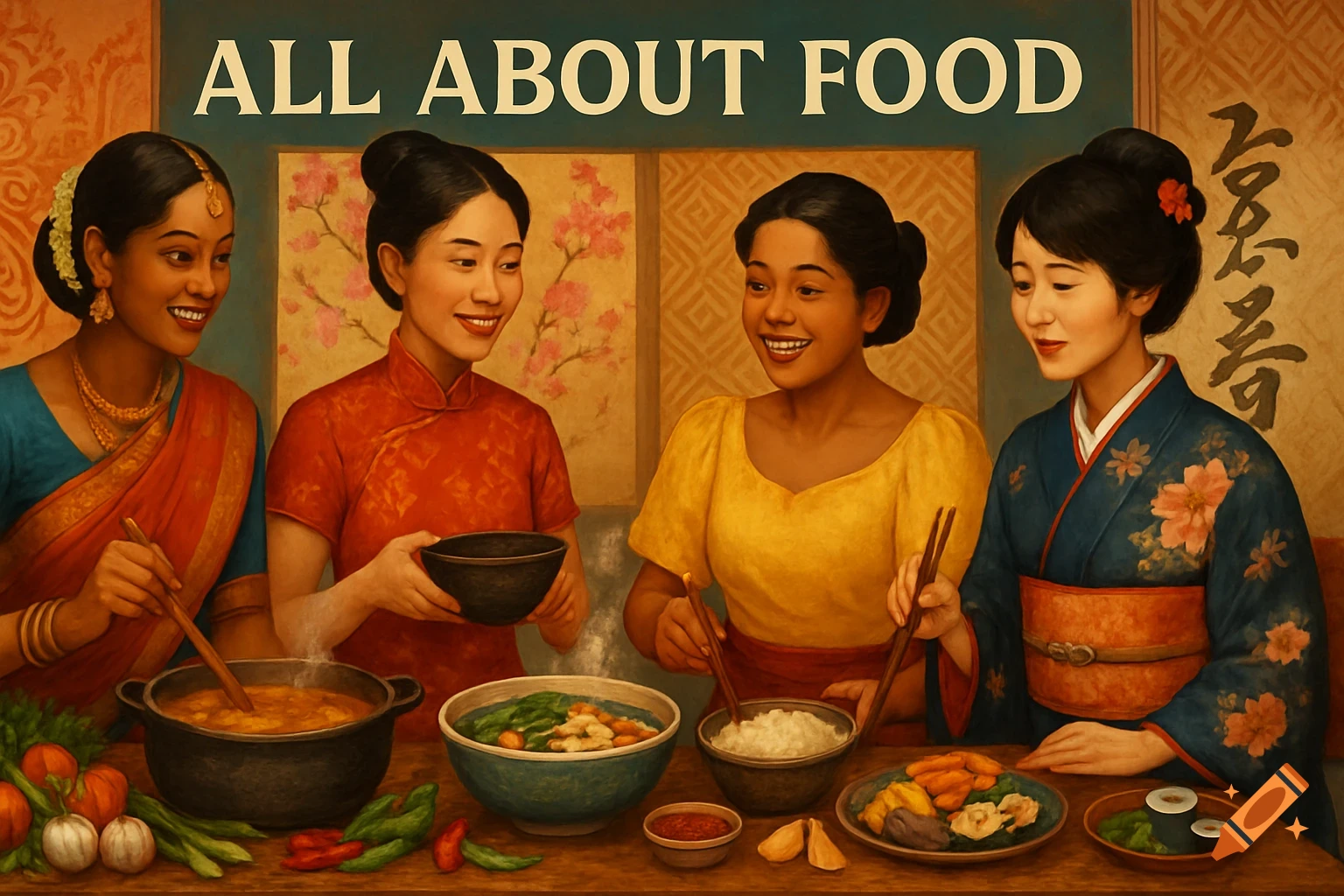 Four smiling Asian women in traditional clothing prepare food and soups at a table, with a banner reading 'ALL ABOUT FOOD' above, in a painterly style.