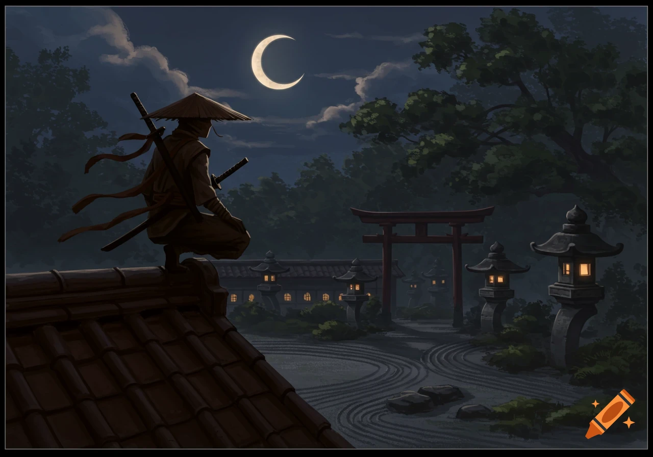 A stylized ninja crouches on a tiled roof under a crescent moon, overlooking a Japanese garden with lanterns and a torii gate at night.