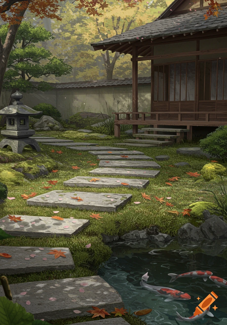 Illustrated Japanese garden with a traditional house, stone path, koi pond, and fallen autumn leaves.