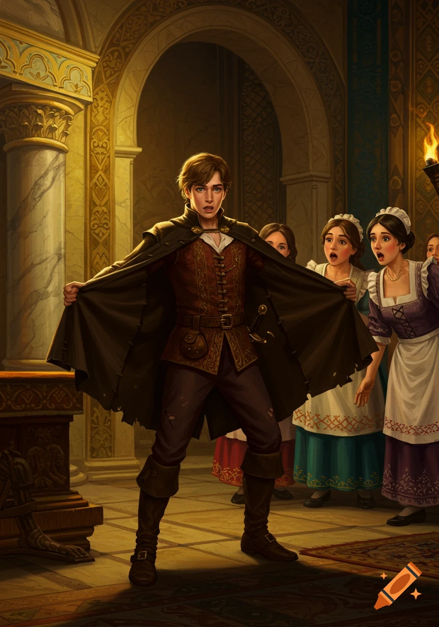 A young prince in ragged clothes opens his cloak, surprising maids in an ornate palace hall, in a fantasy art style.