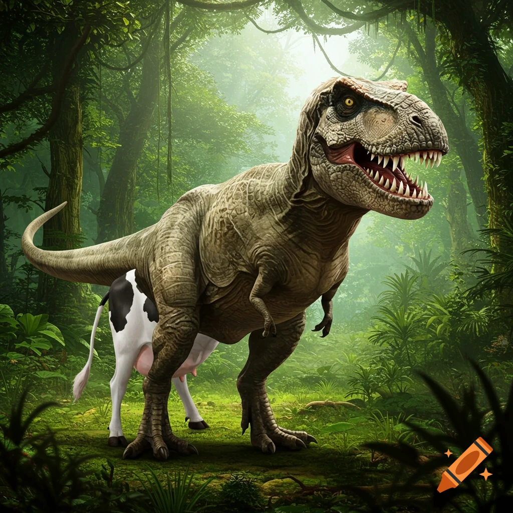 A large, green T-Rex with the hindquarters of a black and white cow stands in a lush, prehistoric jungle.