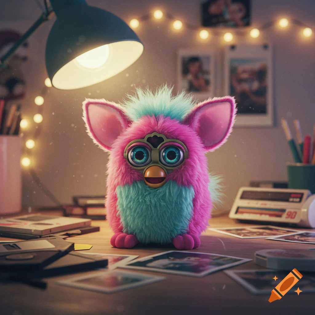 A pink and teal Furby sits on a cluttered wooden desk under a green lamp, surrounded by string lights, floppy disks, and photos in a photorealistic style.