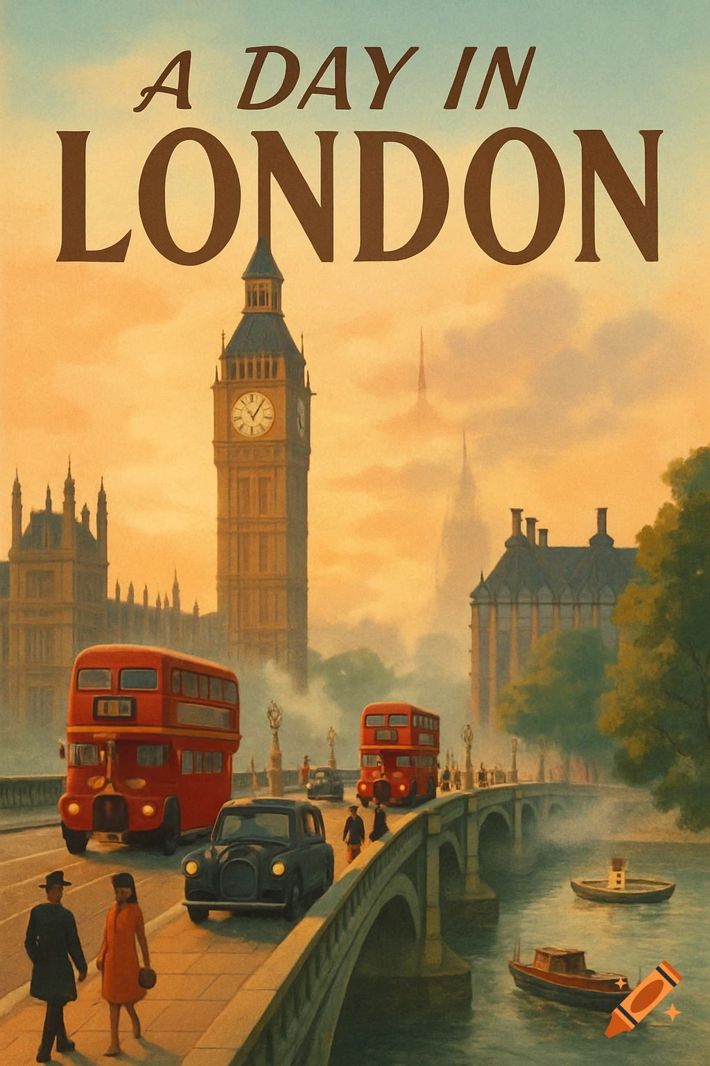 A vintage travel poster style illustration of a busy London street scene with Big Ben, red double-decker buses, cars, and pedestrians on a bridge, with boats in the river, under text "A DAY IN LONDON".