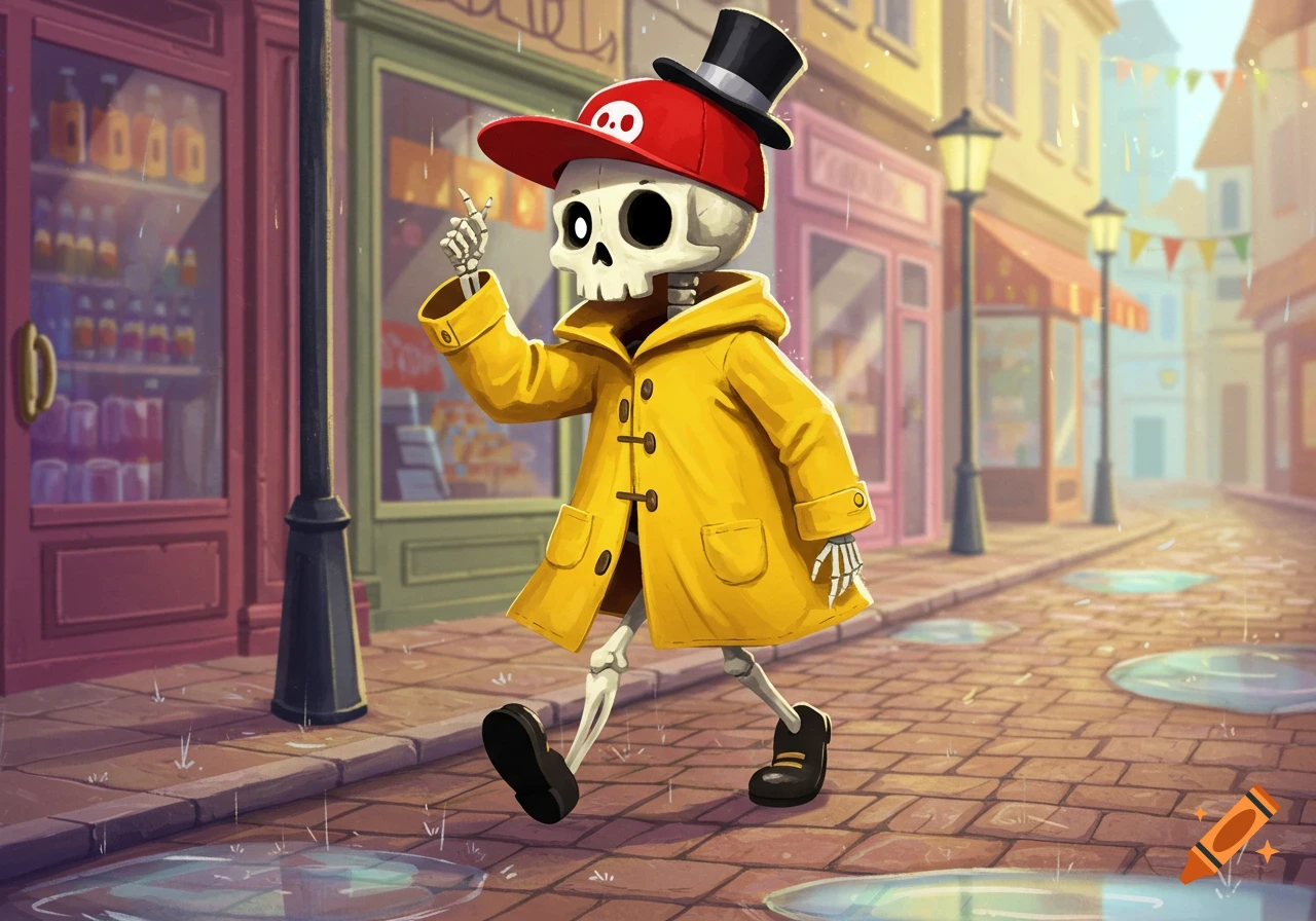 A cartoonish skeleton in a yellow raincoat, red baseball cap, and top hat walks down a rainy city street with puddles.