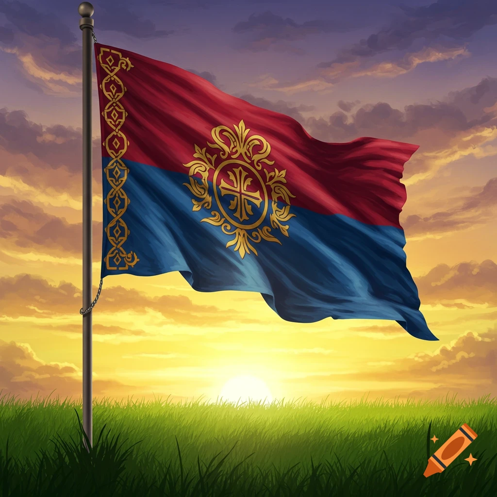 A red and blue flag with ornate gold patterns and a central emblem, waving on a flagpole at sunset over a green field.