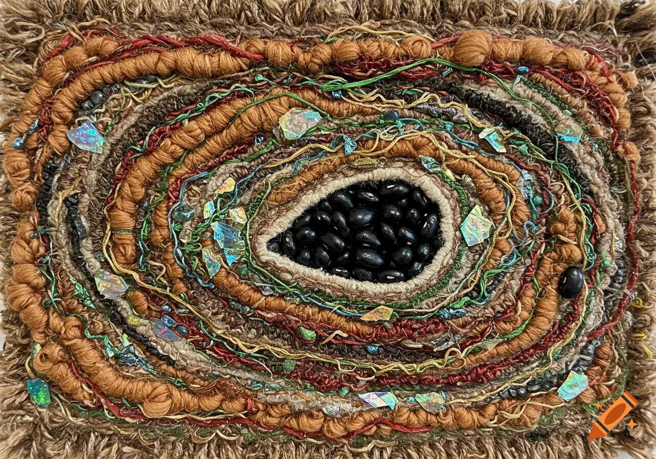 A close-up of an oval-shaped textile art piece with concentric woven fibers, iridescent shards, and a center filled with black beans.
