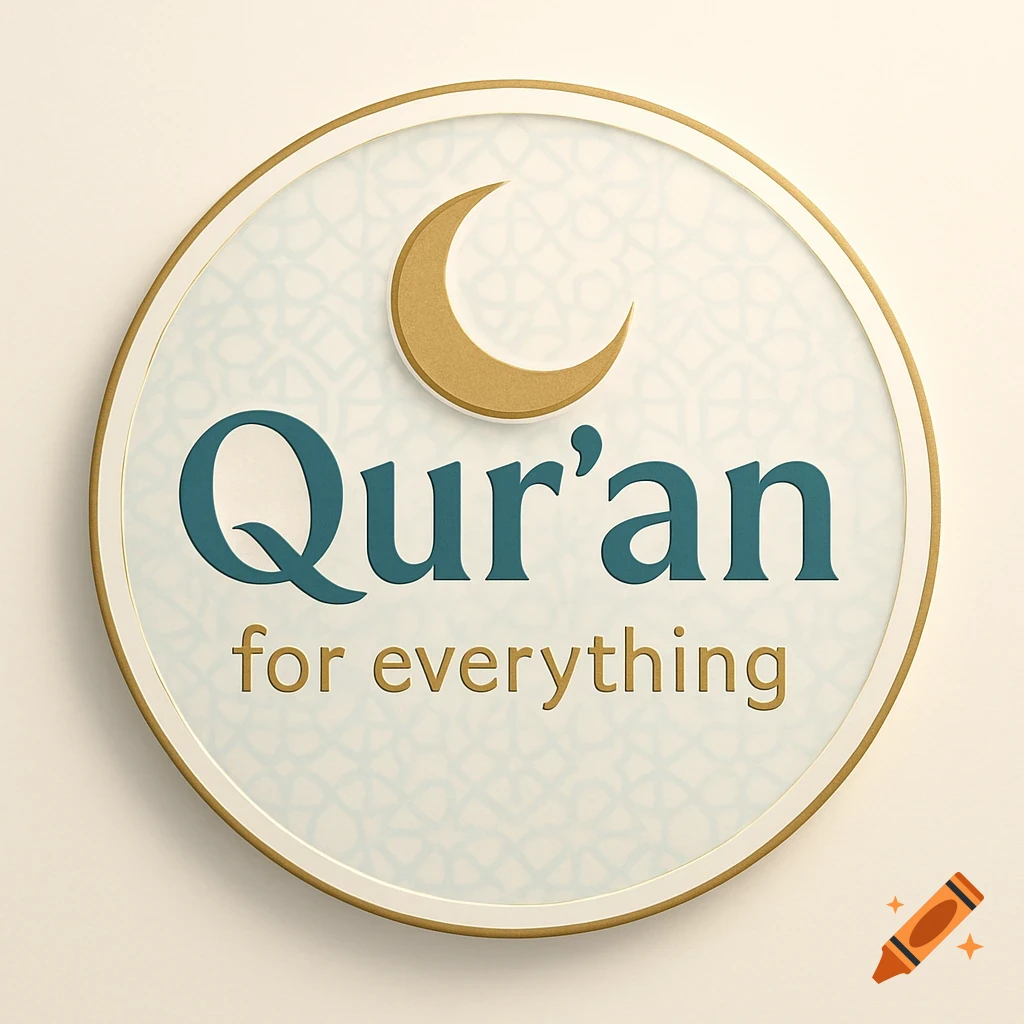 A circular logo with a golden crescent moon over 'Qur'an for everything' in teal and gold text, on a white patterned background.