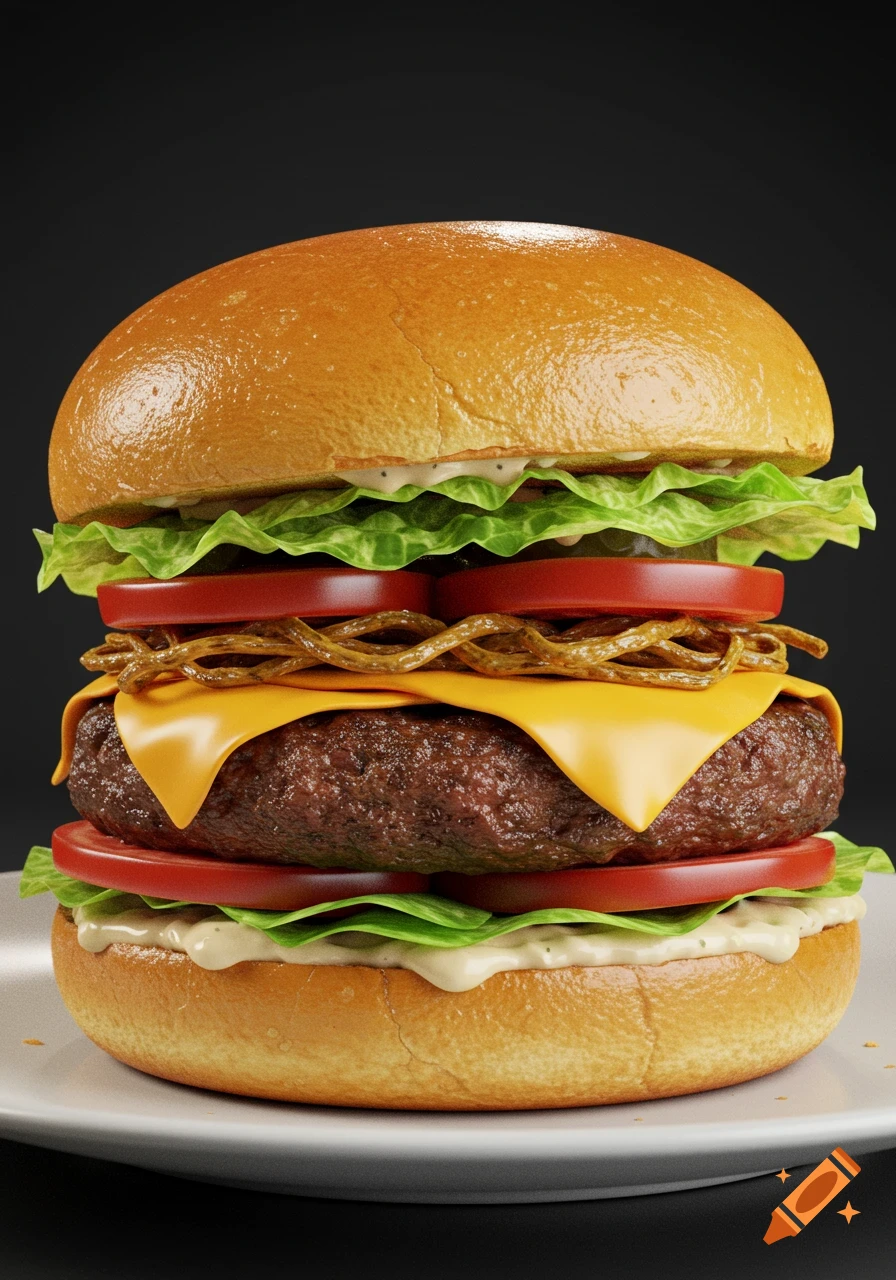 A hyper-realistic gourmet burger stacked with lettuce, tomato, cheese, and a thick patty on a white plate, against a dark background.