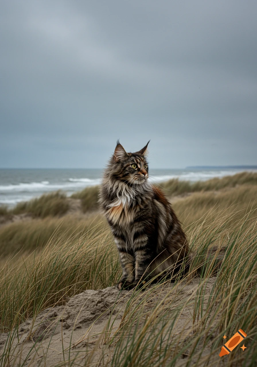 A fluffy Maine Coon cat with tabby and white markings sits on a sandy dune overlooking a grey, choppy ocean under an overcast sky.