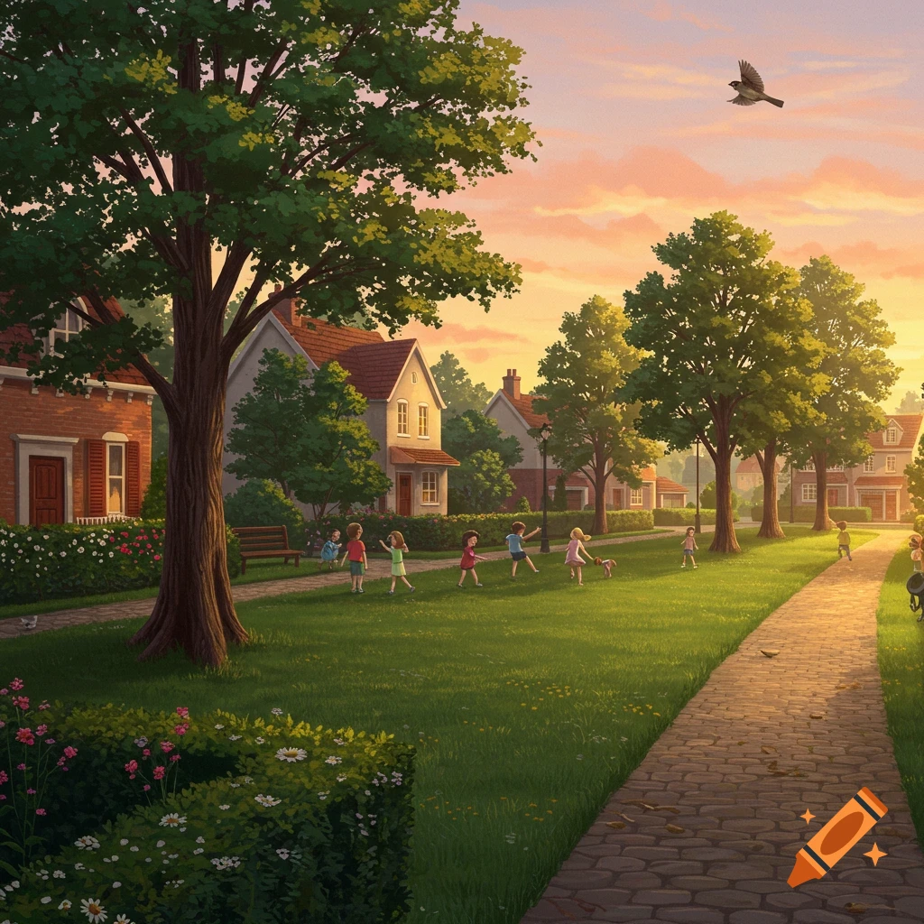 Illustrated neighborhood park at sunset with children playing, houses, trees, and a paved path.