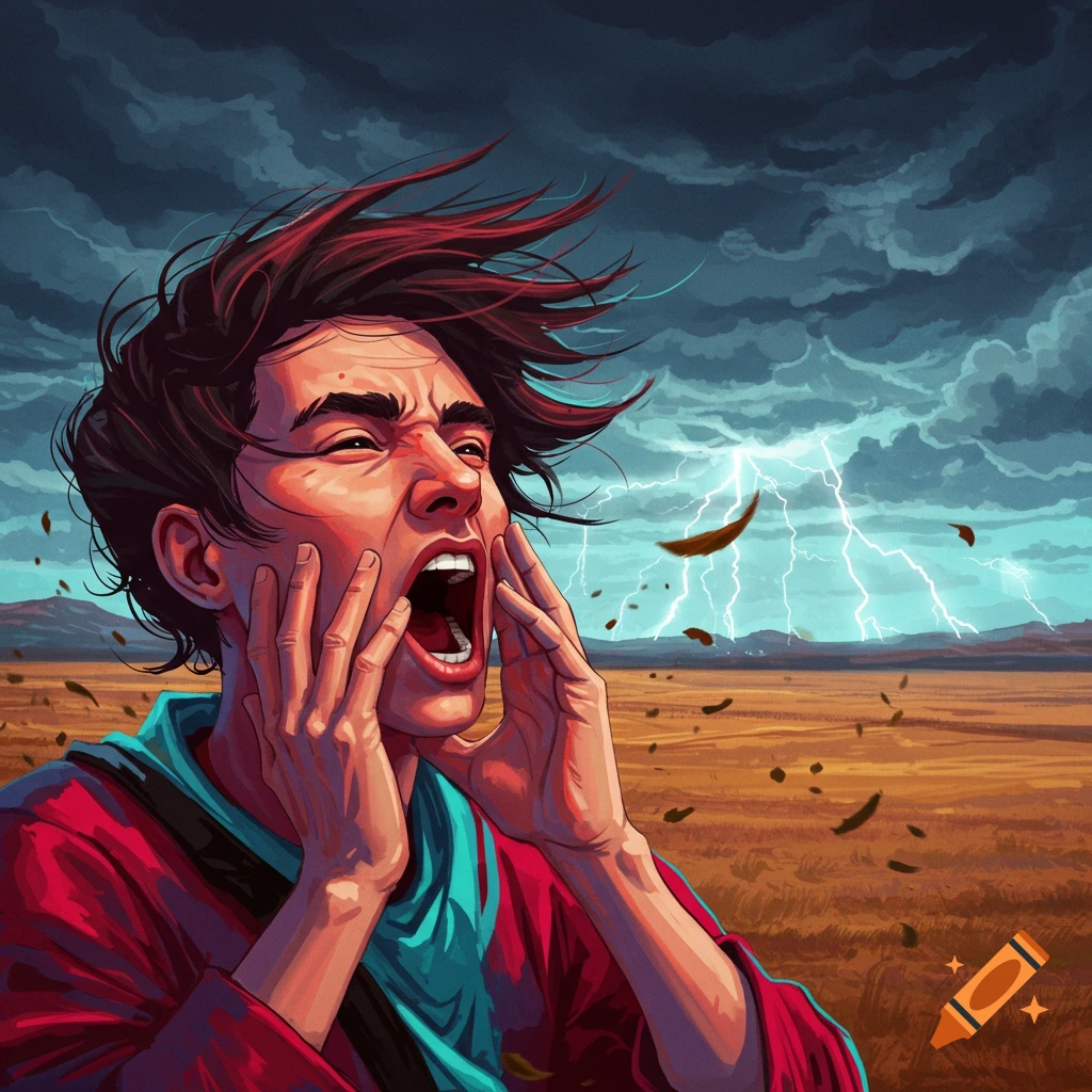A stylized digital art illustration of a person screaming with hands cupped around their mouth, against a stormy, windswept landscape with lightning.