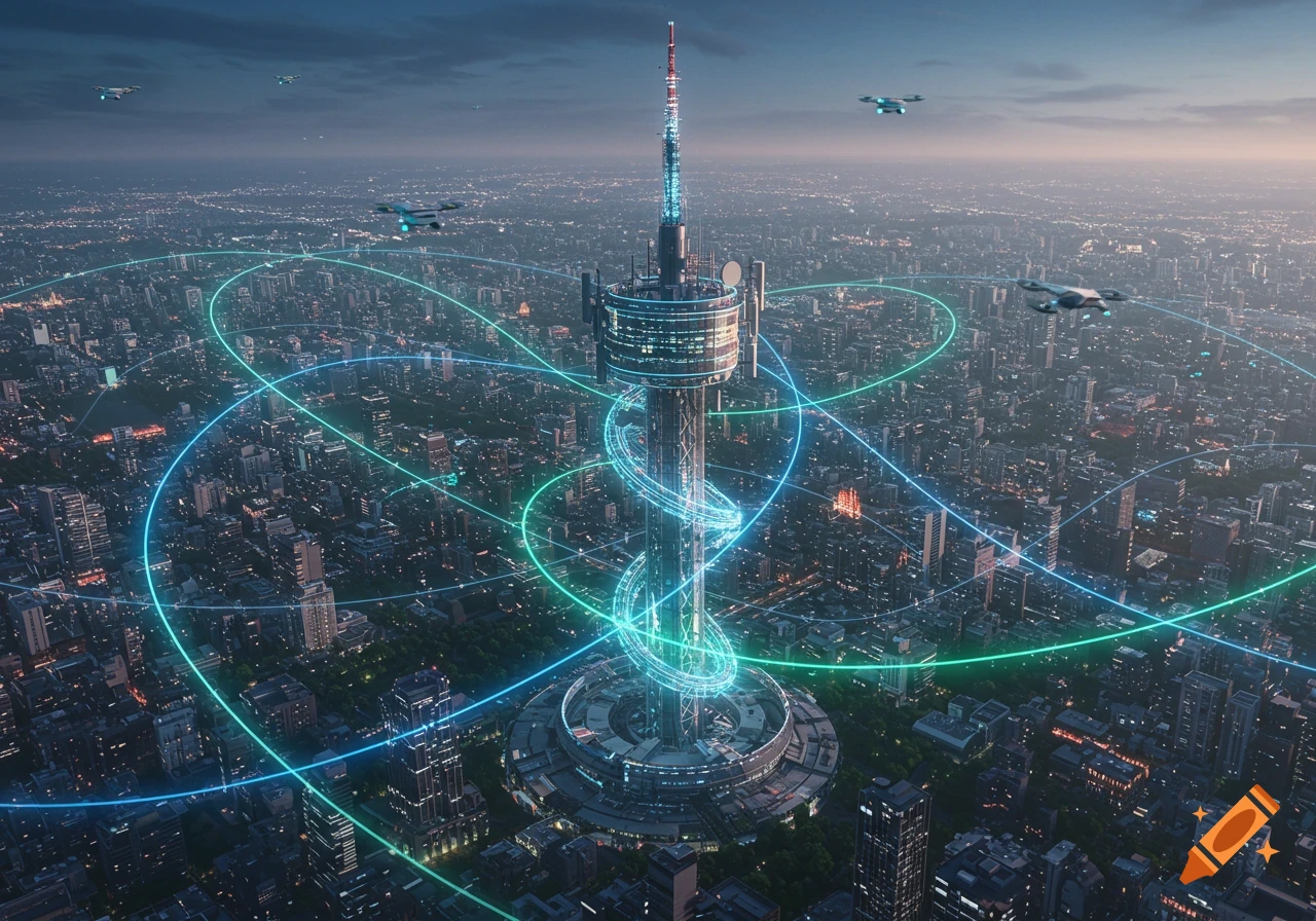 A futuristic communication tower with glowing data lines connects to drones flying over a vast, illuminated cityscape at dusk.
