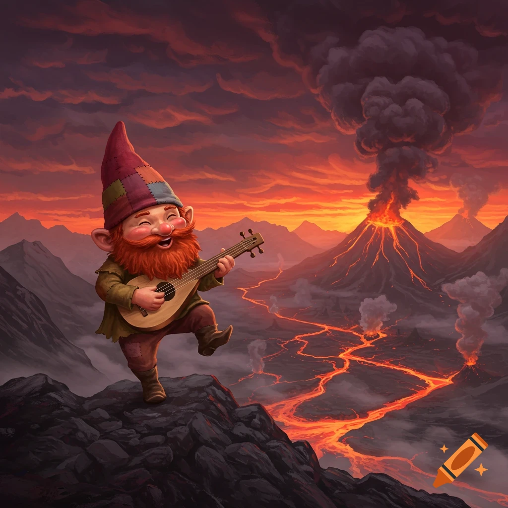 A cheerful gnome plays a lute and dances on a mountain overlooking a powerful volcanic eruption with flowing lava under a fiery sky.