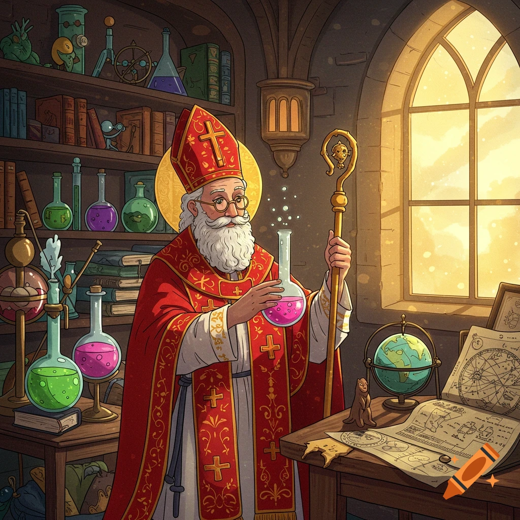 Cartoon of Saint Nicholas, with a white beard and red robes, holding a bubbling pink flask in an alchemist's lab.