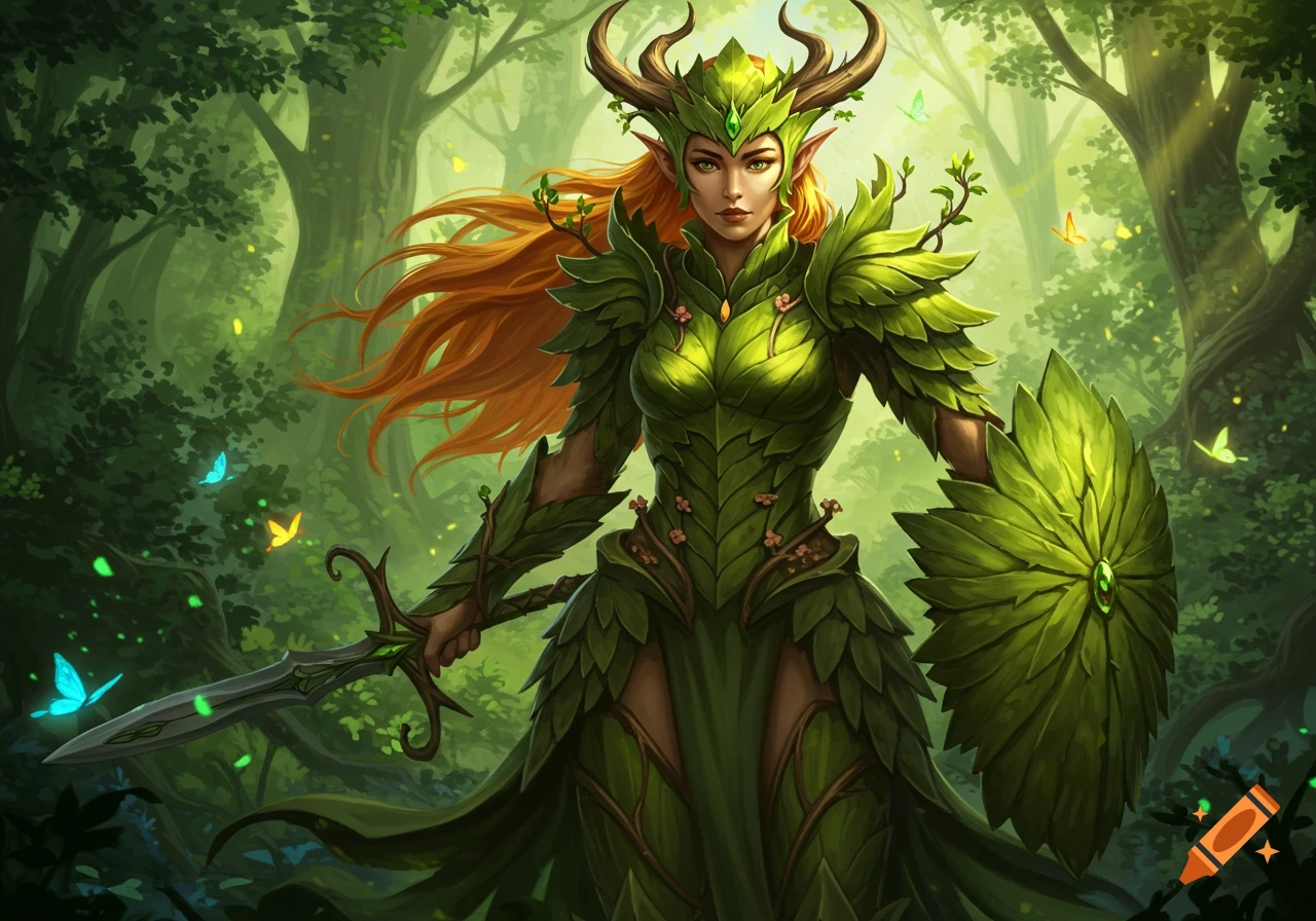 A red-haired female elf warrior in intricate leaf armor holding a sword ...