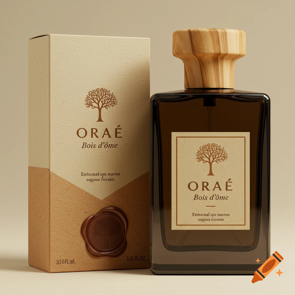 A photorealistic image of an "ORA HOTELS Bois d'ôme" perfume bottle and its box. The bottle is semi-transparent smoked glass with a wooden cap.