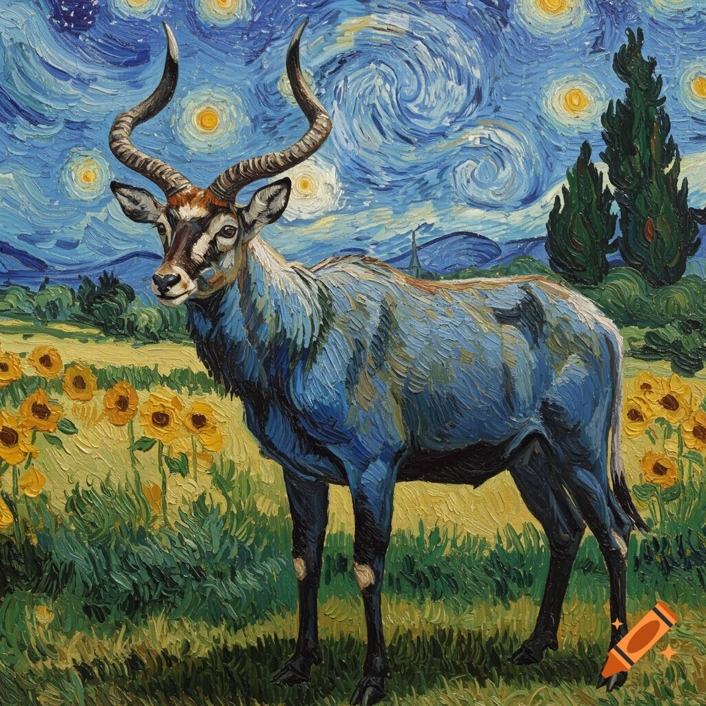A Van Gogh-style painting of an antelope with large spiral horns standing in a field of sunflowers under a starry night sky.