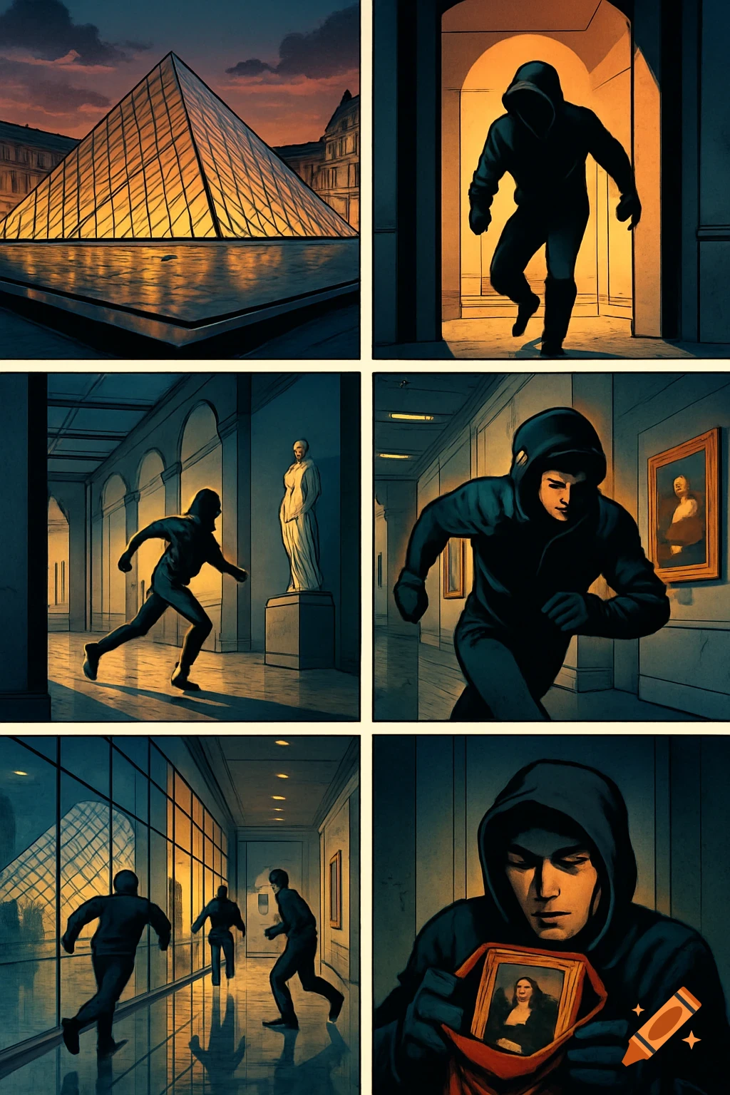 A 6-panel comic strip depicting a museum heist at the Louvre, showing hooded thieves, museum interiors, and one thief holding a stolen Mona Lisa painting.