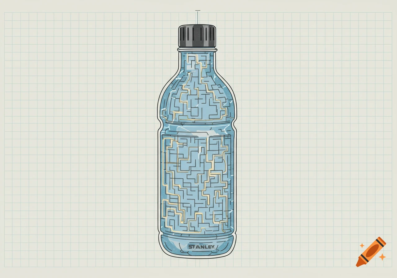 An illustration of a maze inside a light blue Stanley water bottle, on a grid background, in a clean vector style.