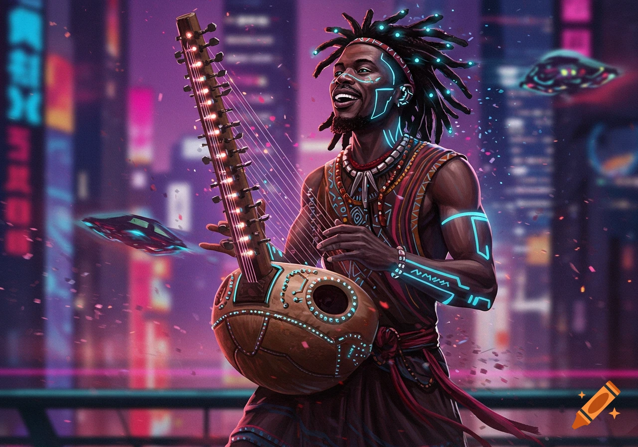A joyful African musician with glowing blue cyberpunk markings plays a futuristic kora in a vibrant neon city at night, with flying saucers.
