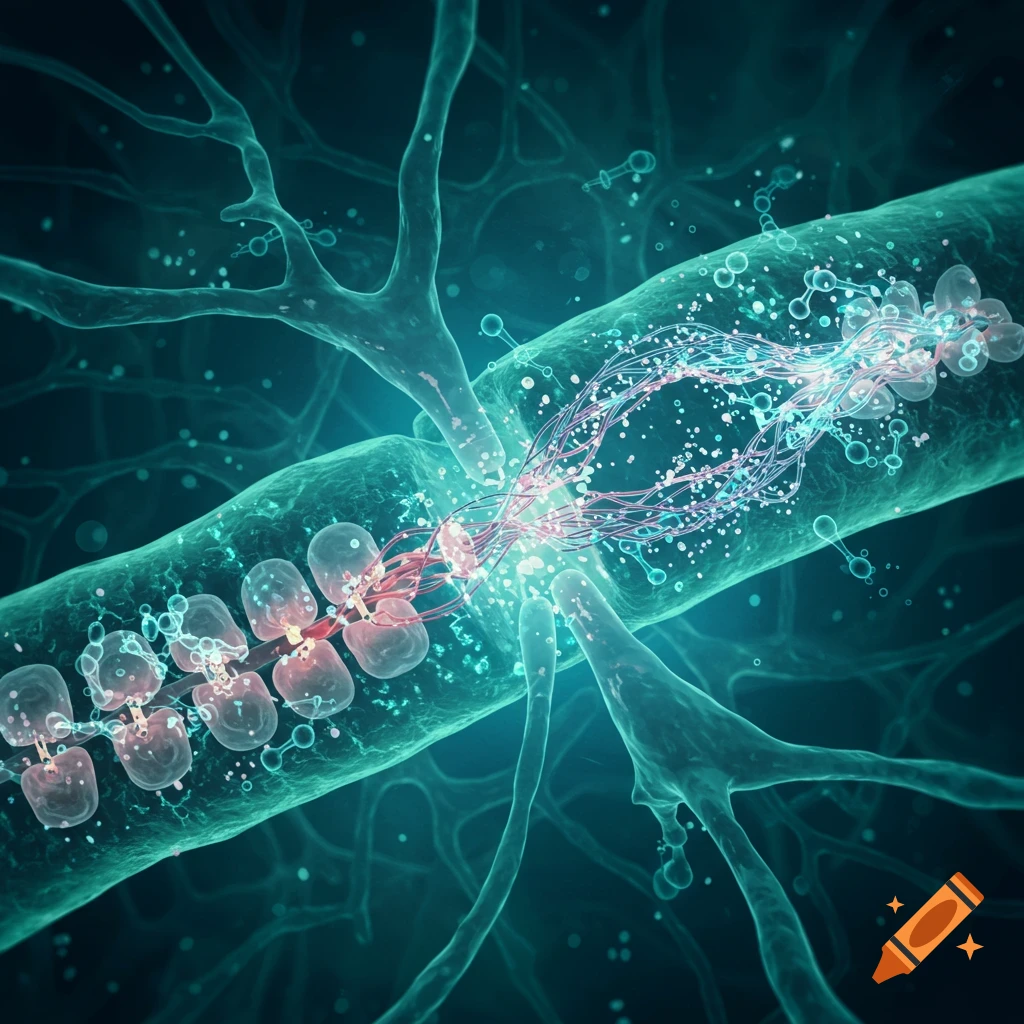 Microscopic view of a nerve fiber, with intricate teal structures and glowing pink and blue energetic threads suggesting cellular repair.