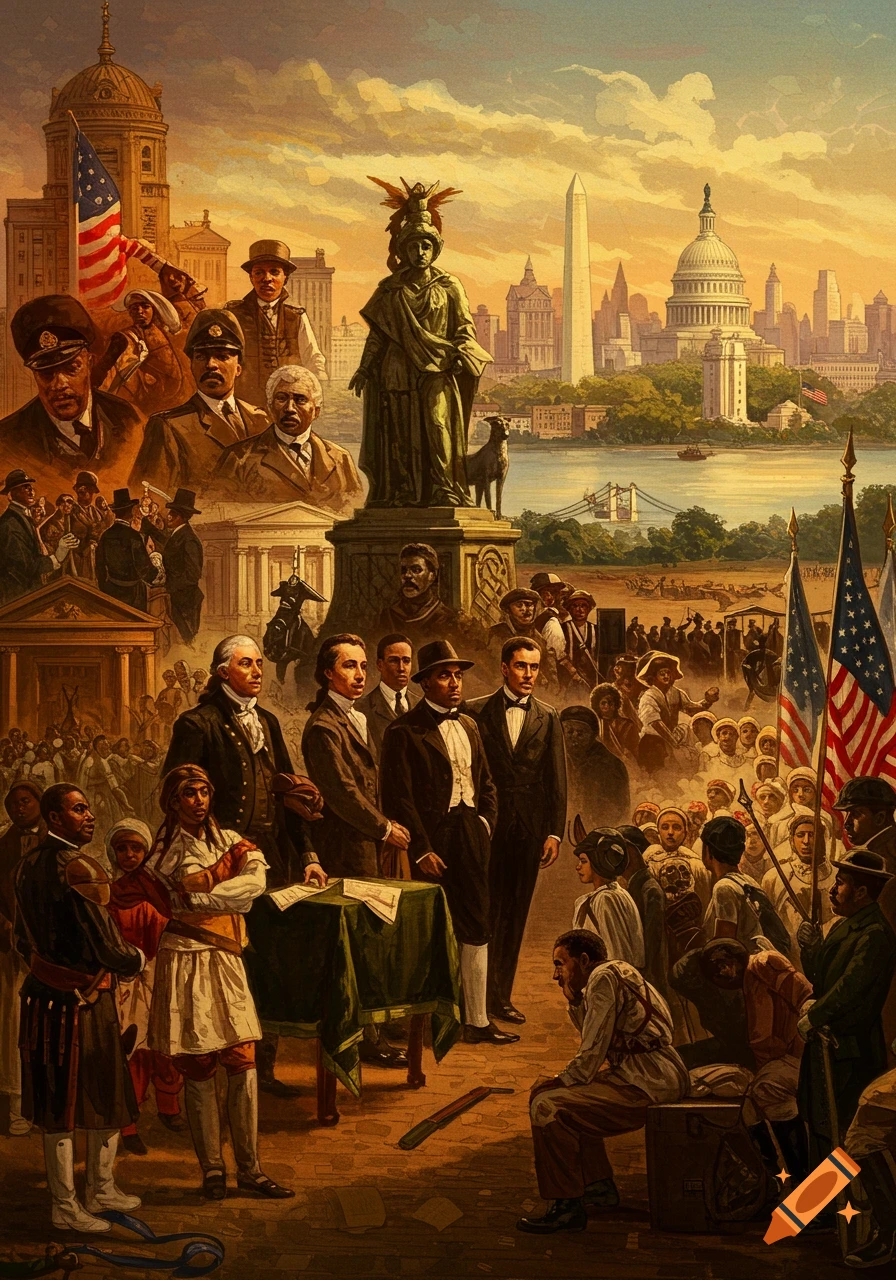 An elaborate painting depicting various scenes and figures from American history, including Washington D.C. landmarks, historical leaders, and groups of diverse people in a rich, warm-toned style.