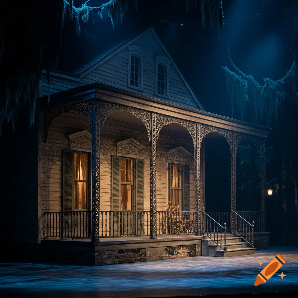A moody stage design of a New Orleans shotgun house at night, lit from within, with Spanish moss hanging in the dark background.