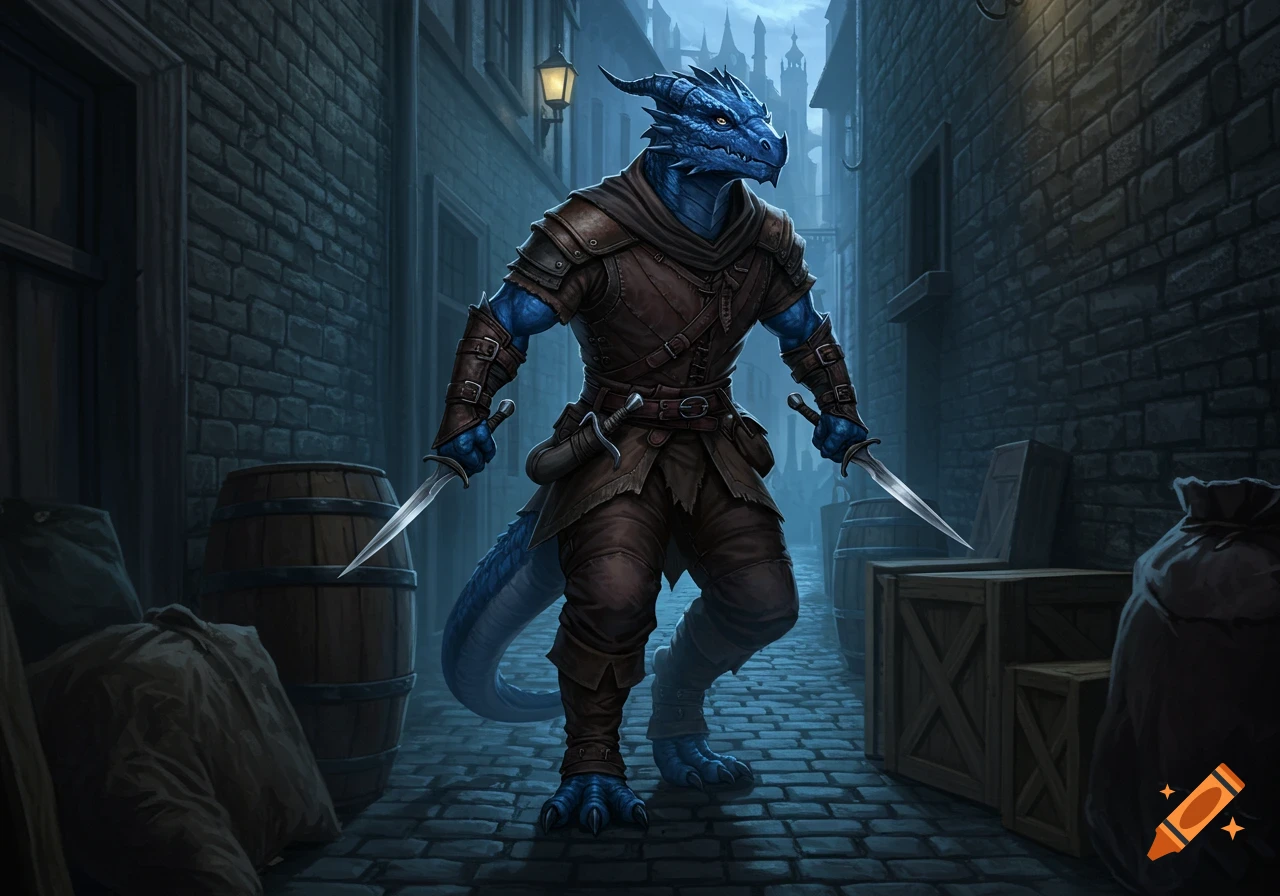 A blue Dragonborn rogue in leather armor holds two daggers, standing in a dark cobblestone alley among barrels and crates.