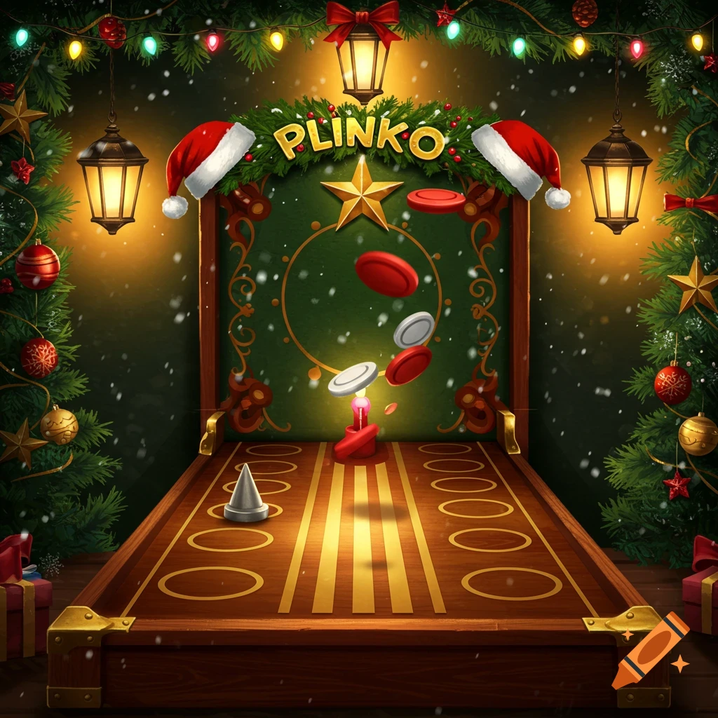 A festive Plinko game board adorned with Christmas decorations including garlands, lights, Santa hats, and lanterns, with discs falling.