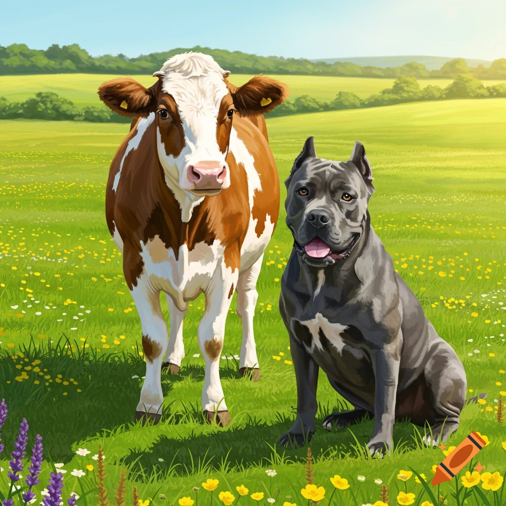 A brown and white cow stands beside a gray Cane Corso dog sitting in a sunny green field with wildflowers, illustration.