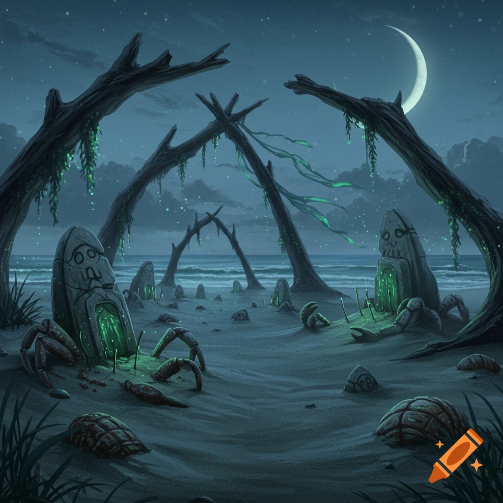 Eerie moonlit fantasy landscape with glowing stone markers and crab-like forms on a sandy beach.