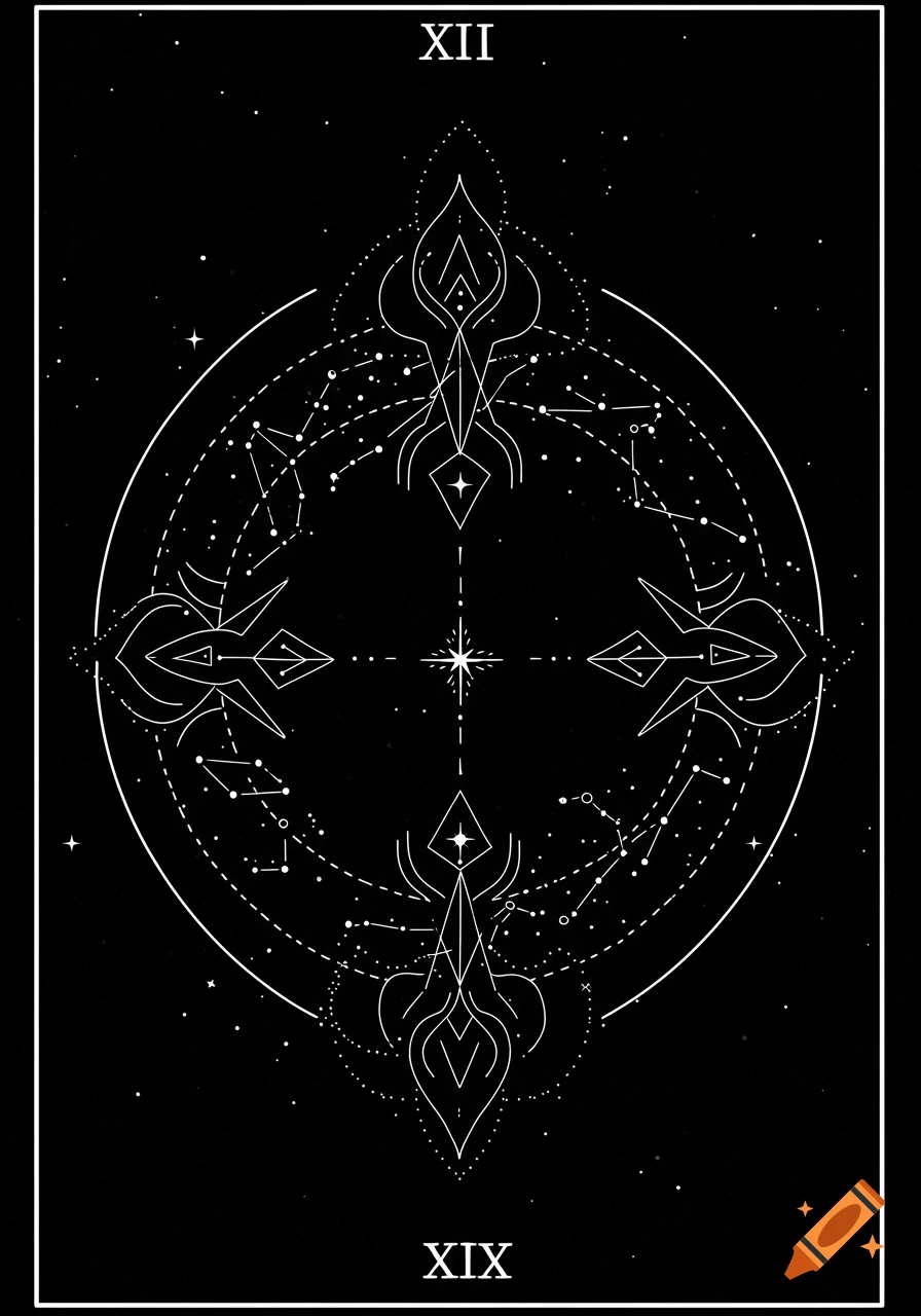 Minimalist tarot card back design with white celestial line art, including constellations, geometric patterns, and Roman numerals XII and XIX on a black background.