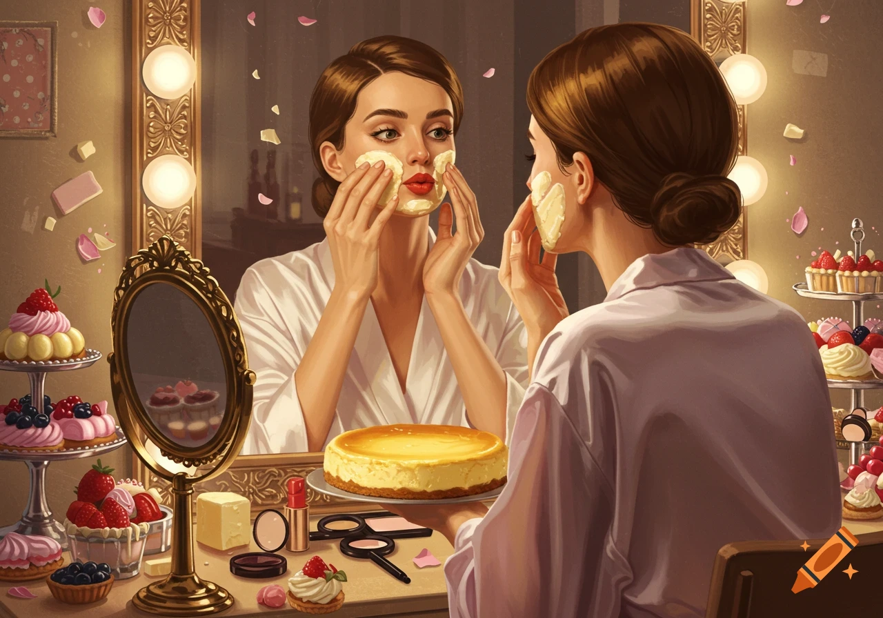 Painterly illustration of a woman in a robe applying a cheesecake mask in front of a lighted vanity mirror, with various desserts and cosmetics.