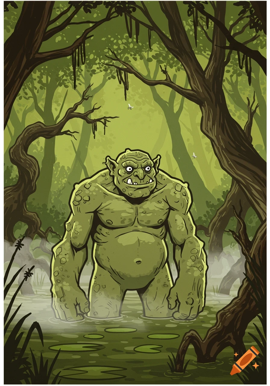 A large, green-skinned troll with thick lines stands in a murky swamp surrounded by trees and lily pads in a comic art style.