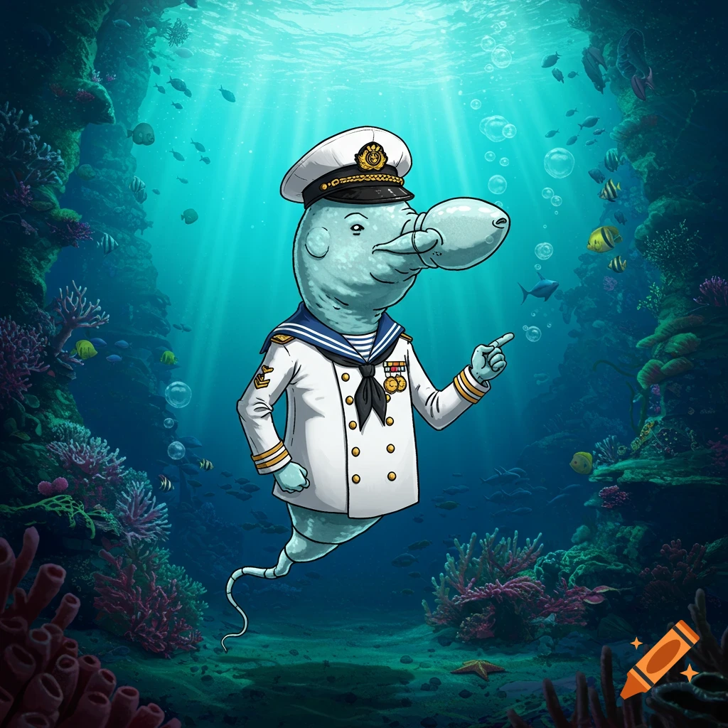 A cartoonish light blue creature resembling a sperm wearing a white naval uniform and captain's hat, pointing a finger underwater amidst coral and fish.