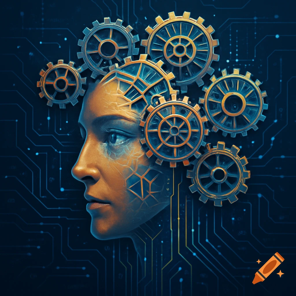 Profile of a human face with intricate gears and circuit board patterns integrated into the head, set against a dark, glowing circuit background.