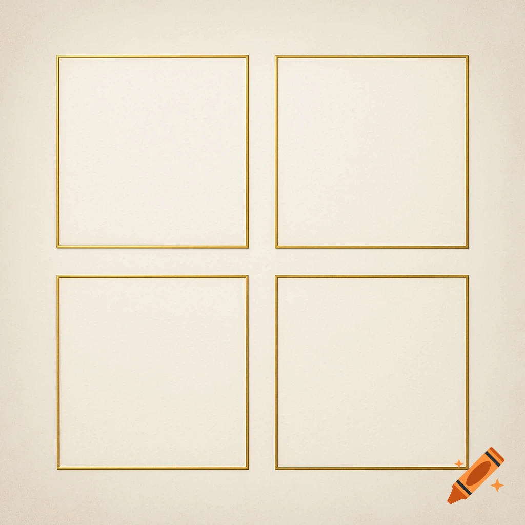 Four blank square fields outlined with thin golden frames on a light beige background, resembling a clean template.